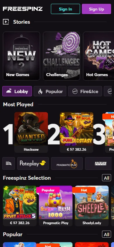 Freespinz Casino mobile games view with slots, live casino and betting categories