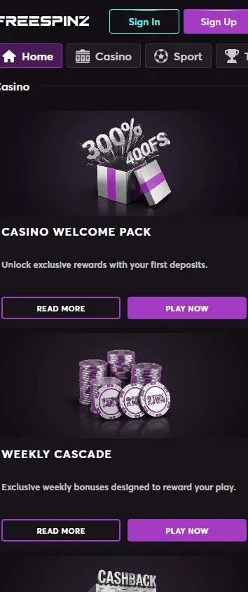 Freespinz Casino mobile promotions view with cashback, reloads and tournament offers
