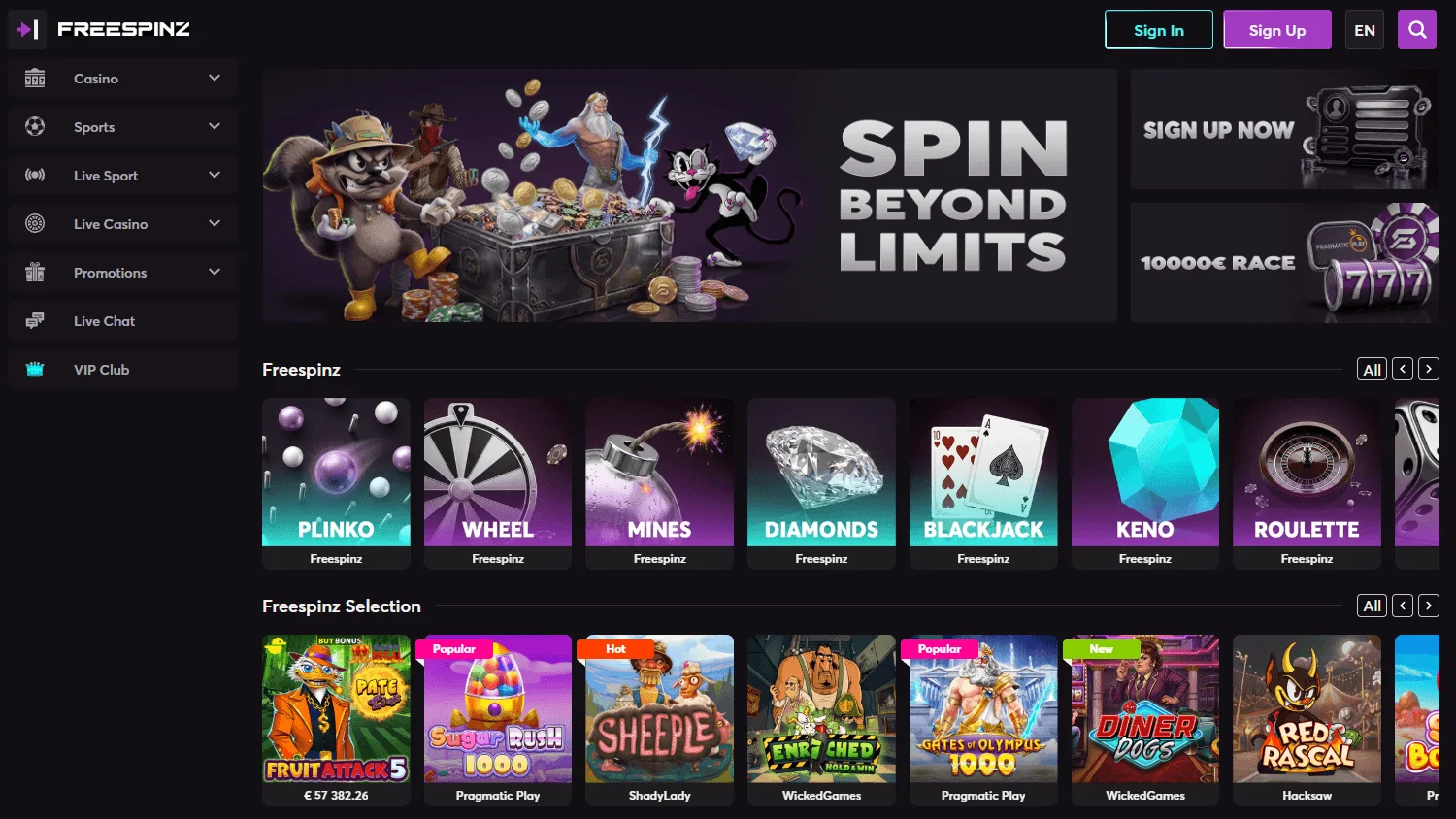 Freespinz Casino desktop home view with casino offers and account information