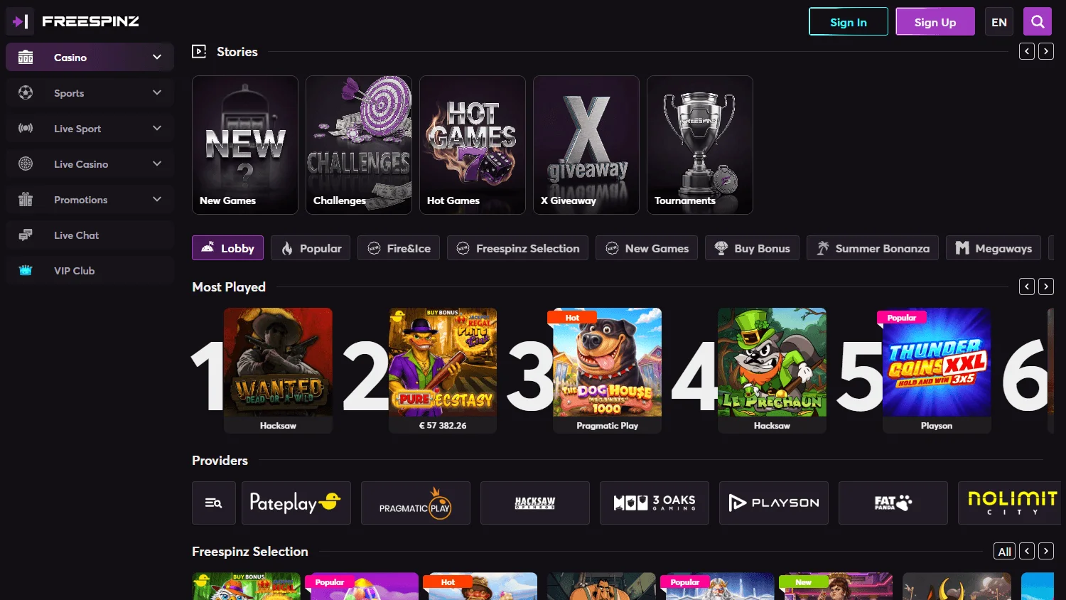 Freespinz Casino desktop games view with casino and live game categories