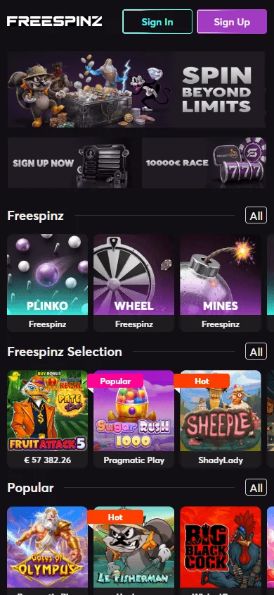 Freespinz Casino mobile home view with casino offers and play options