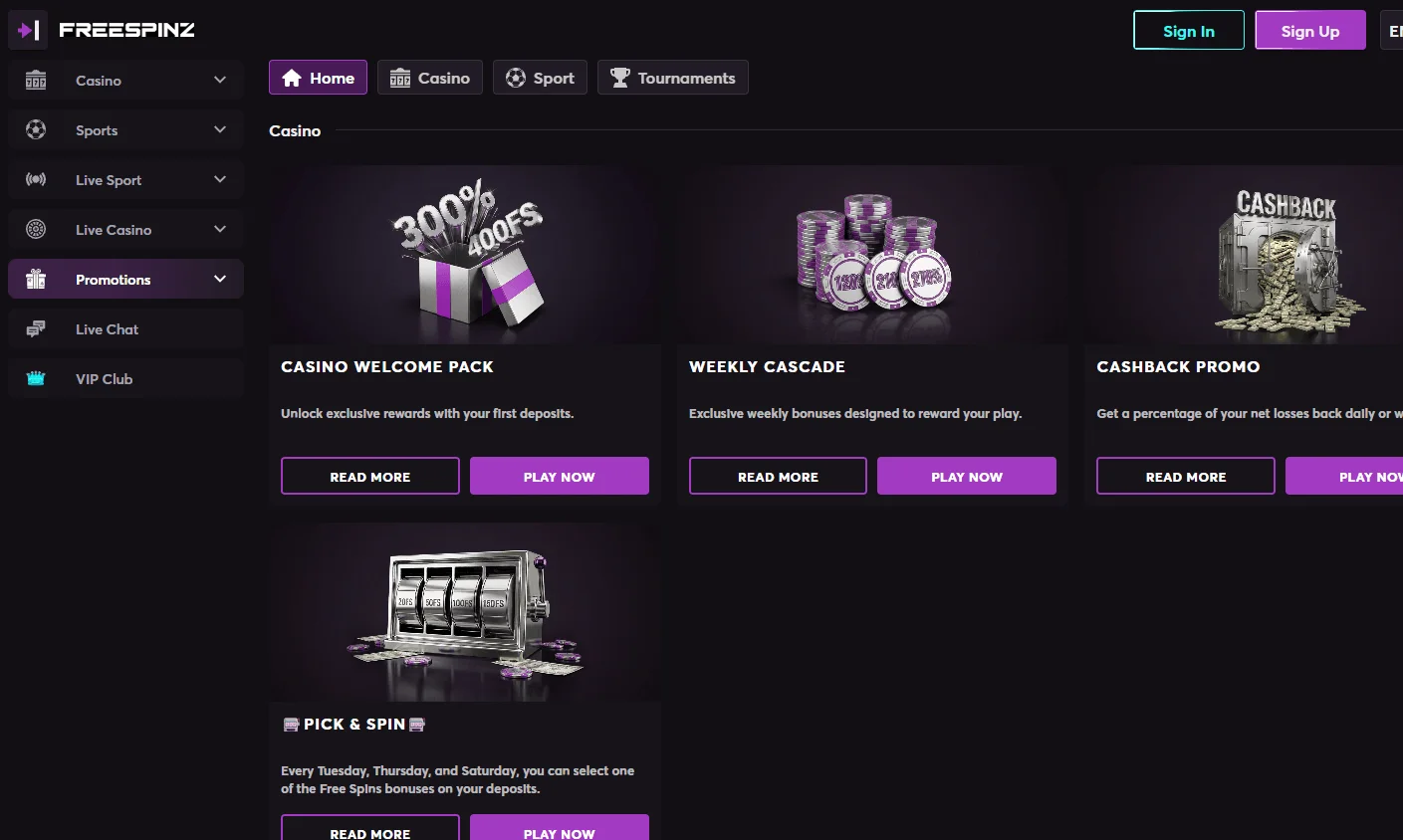 Freespinz Casino desktop promotions view with bonuses, cashback and tournaments